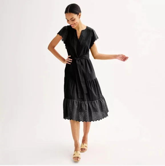 Nine West Black Eyelet Midi Dress - Picture 1 of 7